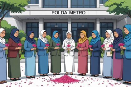 Aliansi Perempuan Indonesia (API) menggelar aksi tabur bunga di depan Polda Metro Jaya. Aksi ini dilakukan untuk menuntut pembebasan para aktivis